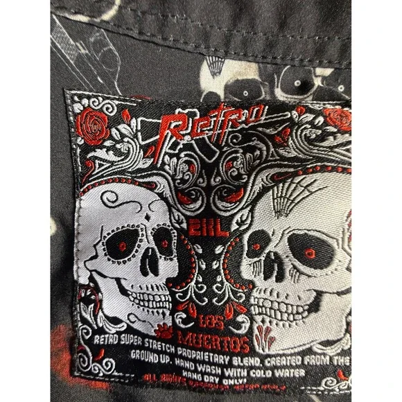 Retro Rifle Skull Rose Graphic Short Sleeve Button Up Shirt 2XL-974 - Picture 4 of 8